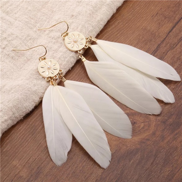 Natural Feather Alloy In Golden Bohemian Earrings - Picture 2 of 7
